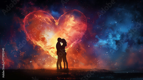 Silhouette of Couple Under Cosmic Heart Nebula, Romantic Universe