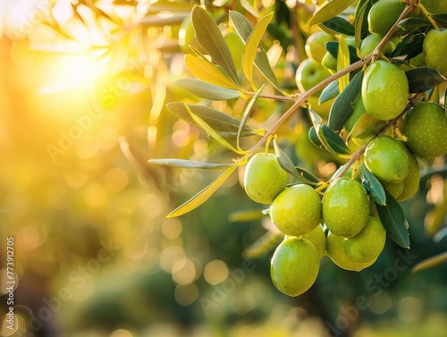 Spain's olive grove showcasing plump green olives hanging from a sunlit branch. Close-up capture of fresh olive fruits glistening in the sunlight on a clear day