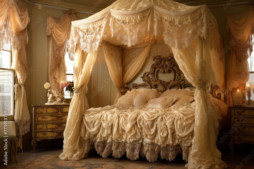 Canopy Dreams: Elegant Victorian Bedroom Decor with Lace Curtains & Antique Furniture
