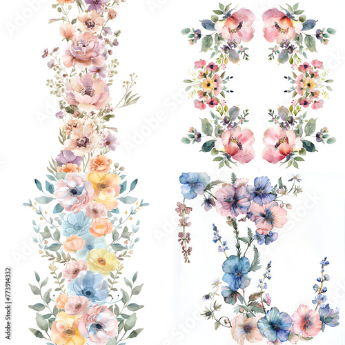 **delicate flowers line, symmetrical, watercolour, wedding, pastel colours, 