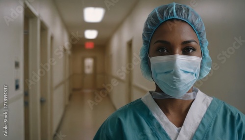 Portrait of dedicated nurse wearing protective gear standing in hospital corridor