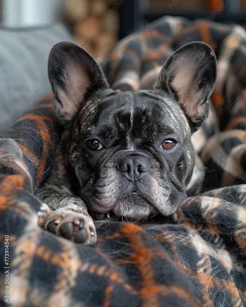 Cute French Bulldog with plaid at home at home