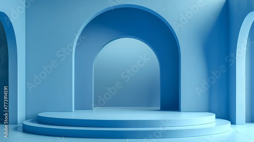 Realistic 3d blue cylinder pedestal podium