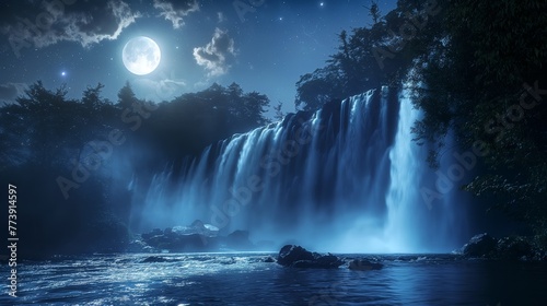 Waterfall in the forest under the bright moon
