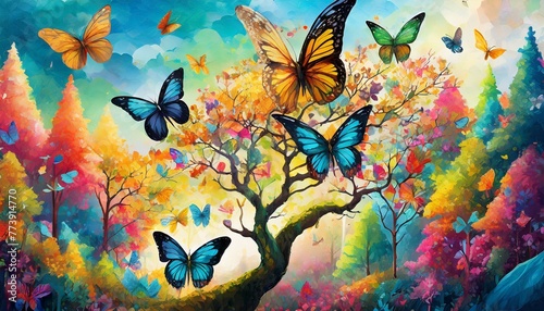 Fluttering Fantasia  Vibrant Butterflies and Colorful Trees Along the Road