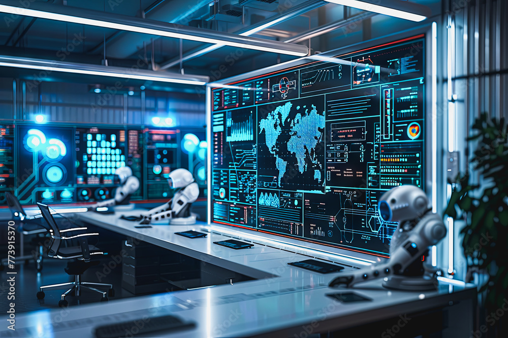 AI robots with screens displaying real time data analysis and learning big data in the world. AI robots with screens displaying real time data analysis and learning big data in the world.