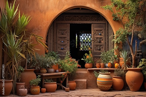 Exotic Moroccan Courtyard Designs: Terracotta Pots Infusing Rustic Charm © Michael