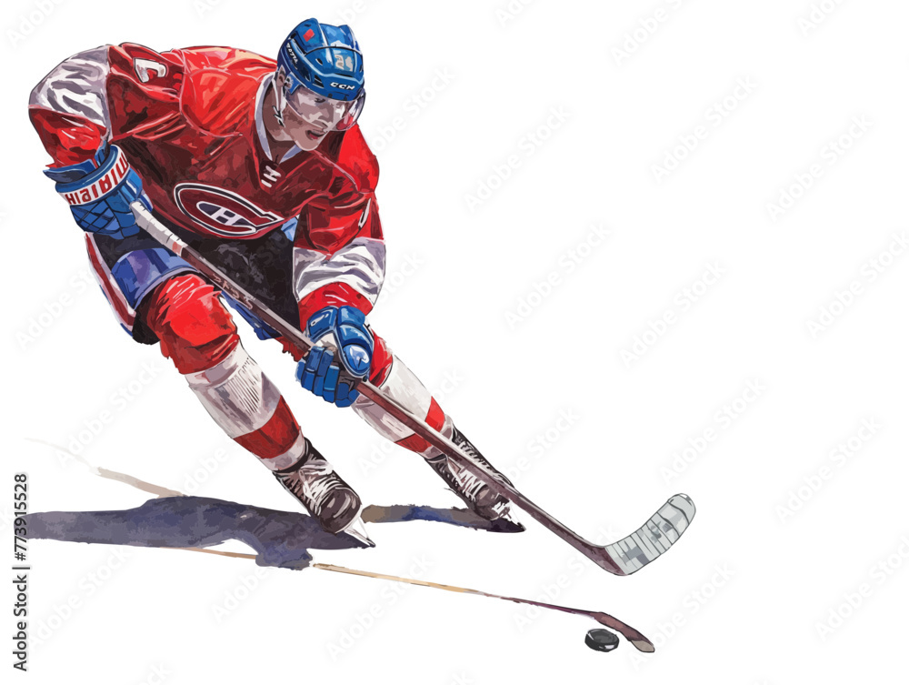 Obraz premium dynamic drawing of a hockey player trying to reach the puck with his stick, transparent background