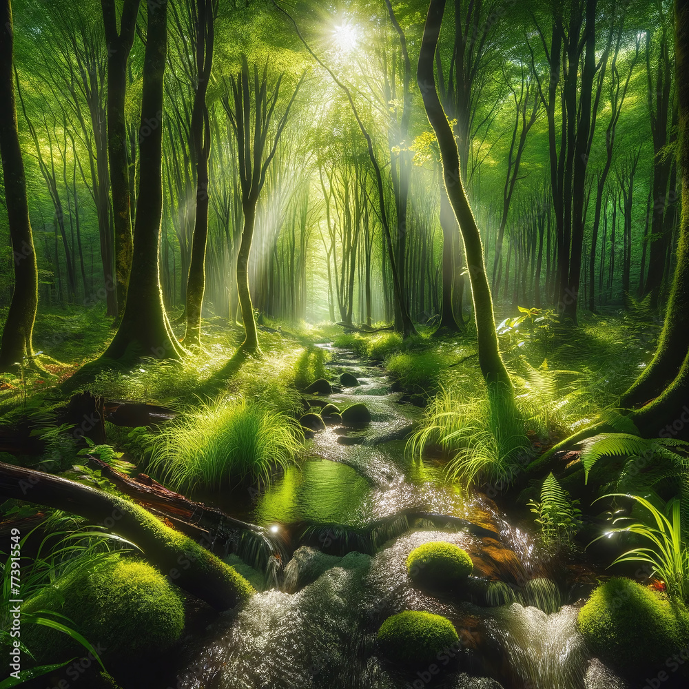Sunbeams dance on a crystal-clear stream in a tranquil forest