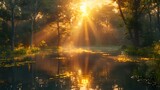 A sun-dappled forest in the midst of summer, with golden rays of sunlight filtering through the canopy to illuminate a tranquil pond.