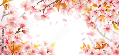 Beautiful cherry blossom tree branch with pink flowers and yellow leaves on a white background