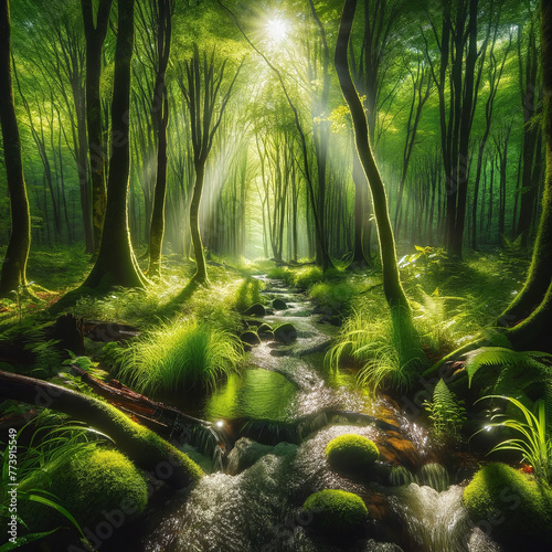 Sunbeams dance on a crystal-clear stream in a tranquil forest