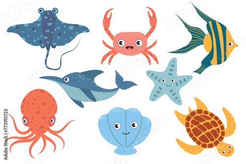 Set with hand drawn sea life elements. Cartoon collection of sea and ocean inhabitants, crab, stingray, octopus, turtle, fish and other vector doodle sea life objects for your design.