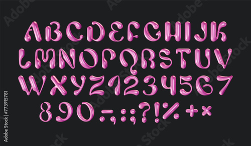 3D Aesthetic Pink Alphabet. Glossy font in Y2k groovy retro style. Trendy liquid bubble script. Realistic rendering English letters and numbers. Balloon typeface abc. Vector illustration