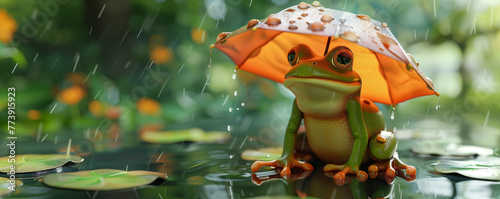 Close up of a frog as a weatherman,  presenting a forecast of rain with lily pads, European green tree frog  photo