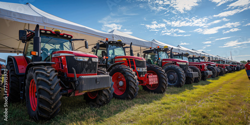A row of red tractors at an agricultural machinery fair. photo