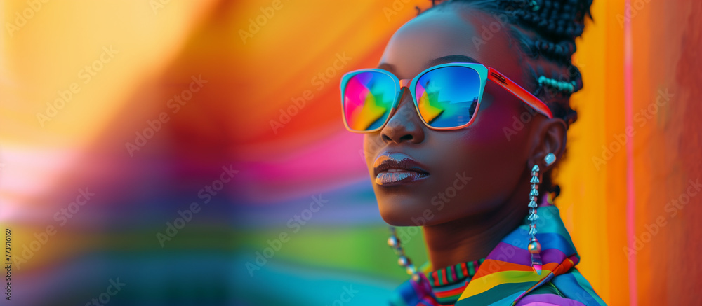 Afgro girl with a cascade of colorful refraction, adorned in rainbow sunglasses
