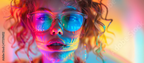 Happy Pride month, A girl with a cascade of colorful refraction, adorned in rainbow sunglasses on LGBT pride community 
