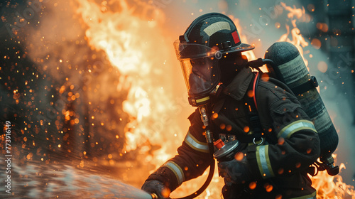 In a tense emergency scene, a fireman bravely battles against roaring flames using water and an extinguisher, clad in a protective firefighter suit to ensure safety amidst the perilous situation