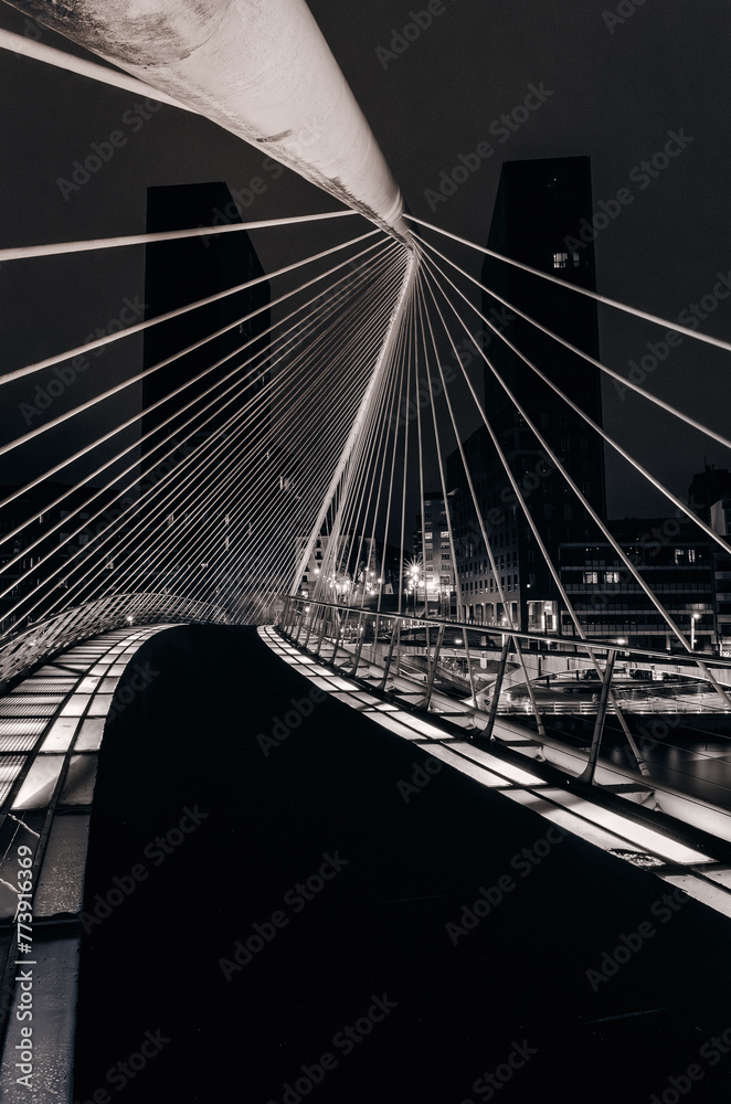 Fototapeta premium Fotografía del Puente de Calatrava / Zubizuri, en Bilbao, al anochecer, en hora azul. Fotografía en blanco y negro.