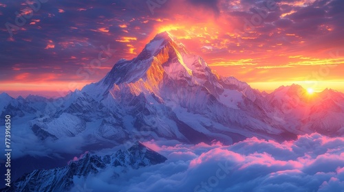 Epic Mountain Sunset: A breathtaking landscape shot capturing the vibrant hues of a sunset over towering mountain peaks, evoking a sense of adventure. 