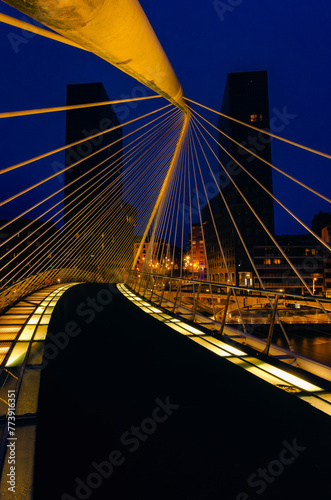 Fotografía del Puente de Calatrava / Zubizuri, en Bilbao, al anochecer, en hora azul. 