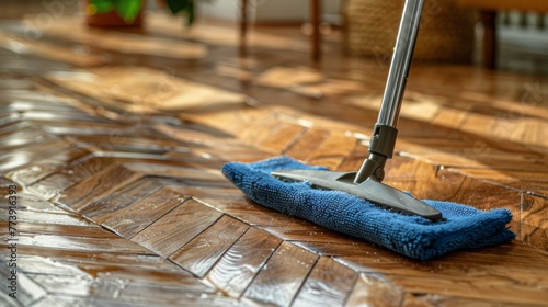 Mop Cleaning Wooden Floor With Blue Cloth