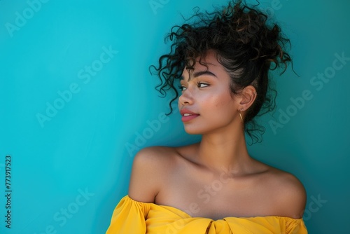 Beautiful young pretty mixed raced woman in a yellow dress before a solid blue colored background. Sensual model posing photo
