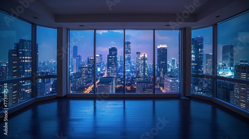 Empty Room Overlooking City at Night