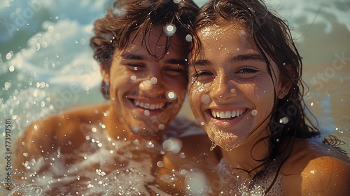 Happy young couple having fun on the beach. Generative Ai. 