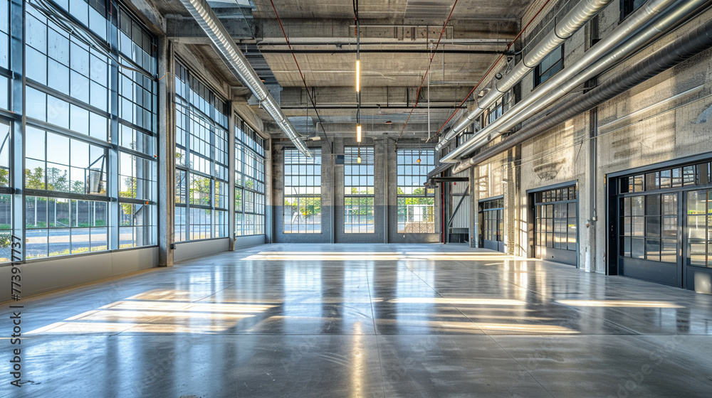 Large, vacant industrial workshop, contemporary warehouse building, spacious and modern, - obrazy, fototapety, plakaty 