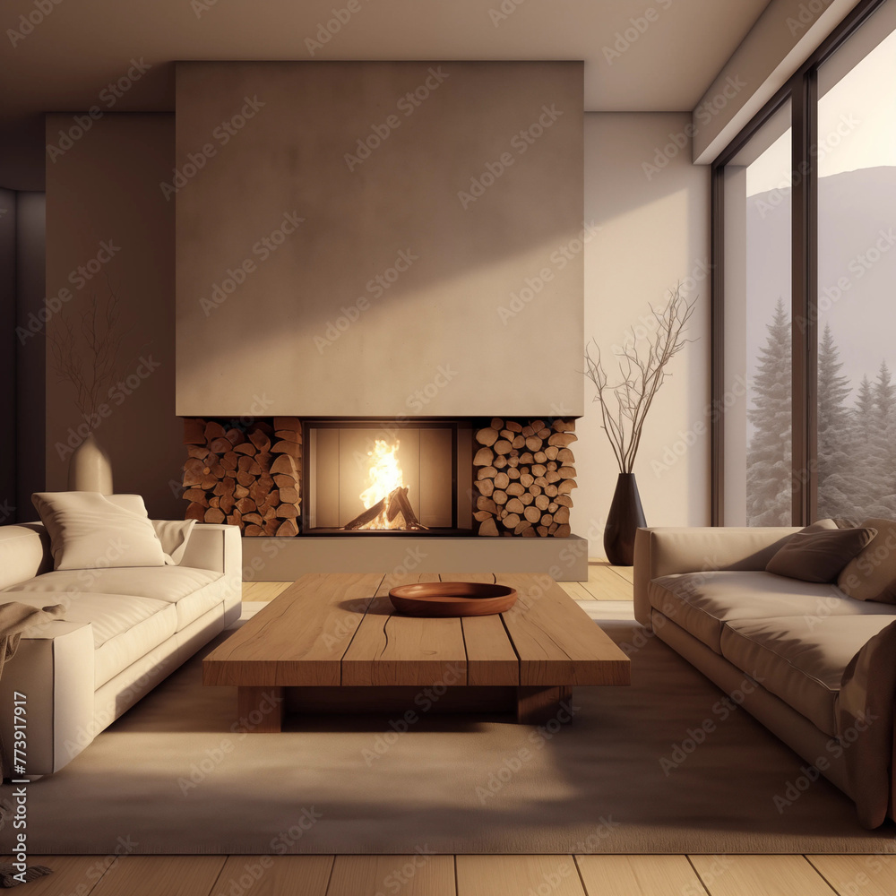 Obraz premium Modern living room interior with fireplace wooden coffee table and large windows with mountain landscape view