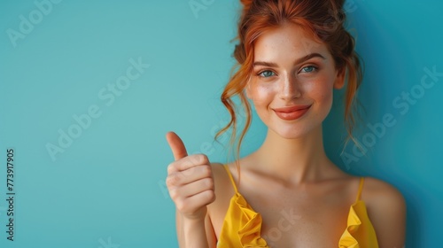 Beautiful young ginger woman in a yellow dress before a solid blue colored background. She is in the side of the image, and and show a thumb up with her hand.