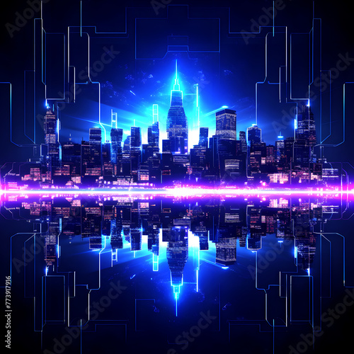 a pink and blue neon lights and glowing lines on a city background, Generative AI