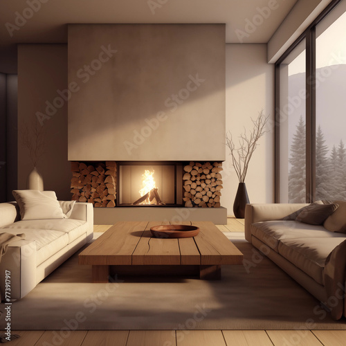 Modern living room interior with fireplace wooden coffee table and large windows with mountain landscape view