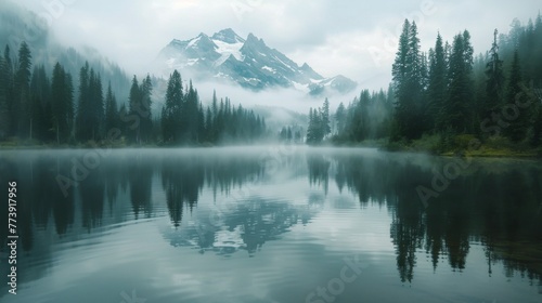 Pristine Lake Surrounded by Mountains and Trees © ArtCookStudio