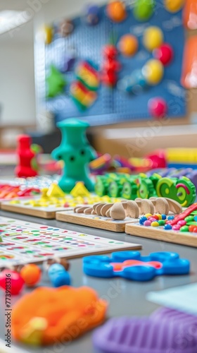 Detailed close-up captures tactile educational tools within a specialized classroom, promoting sensory interaction to elevate learning.