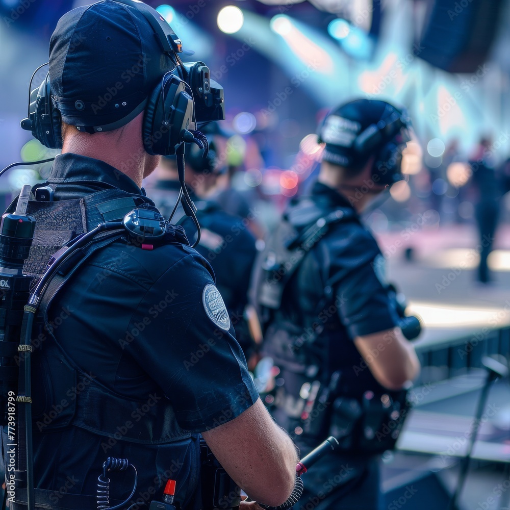 Close-up shot showcasing the precision and unity of a concert security team, highlighting their equipment and synchronized teamwork in action.
