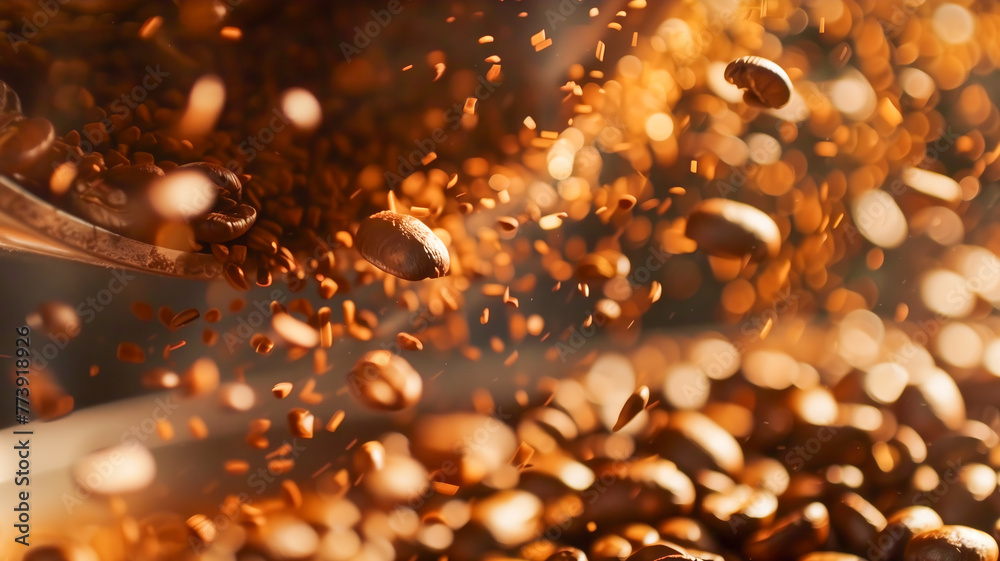 Coffee Roasting Process Close-up shots of coffee beans being roasted and ground, capturing the aroma and intensity of the coffee-making process Coffee Roasting Process Close-up shots of coffee beans being roasted and ground, capturing the aroma and intensity of the coffee-making process