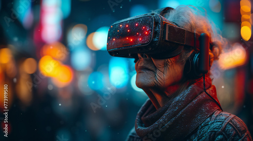 Senior Woman Embracing VR Technology, Engaged in Virtual World photo