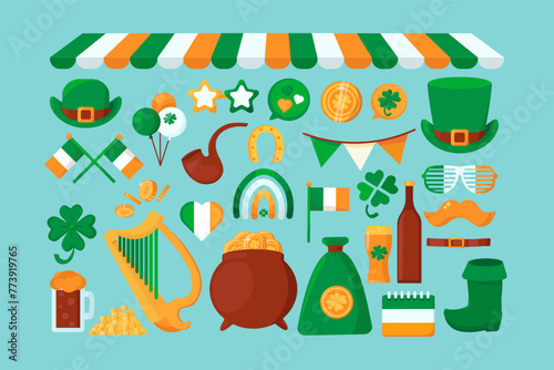 Vector Cartoon Happy Patrick's Day Set. Spring time isolated elements in colors of Irish flag