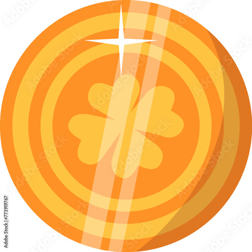 Magic gold coin. Magical accessory of fairy tale gnome Leprechaun, Happy Patrick party element. Simple cartoon vector isolated on white background