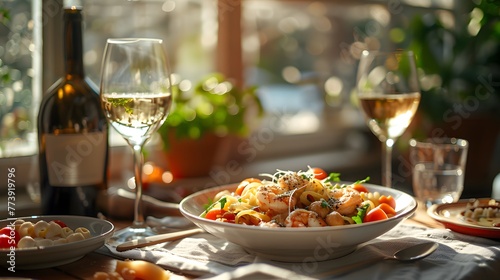 Pasta dish with prawns in a delicious recipe accompanied with wine. Concept: Cooking