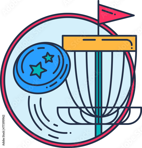 Sport badge. Disc golf sport game flies directly into basket marked with red flag. Sport and active lifestyle. Simple colored stroked vector icon isolated on white background