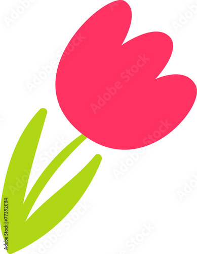 Red blooming tulip drawn by child. Bright childish careless illustration for design of festive spring banner. Flat hand drawn vector element isolated on white background