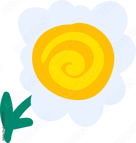 White spring daisy flower drawn by child. Bright childish careless illustration for design of festive spring banner. Flat hand drawn vector element isolated on white background