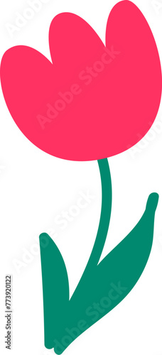 Red blooming tulip drawn by child. Bright childish careless illustration for design of festive spring banner. Flat hand drawn vector element isolated on white background