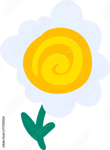 White spring daisy flower drawn by child. Bright childish careless illustration for design of festive spring banner. Flat hand drawn vector element isolated on white background