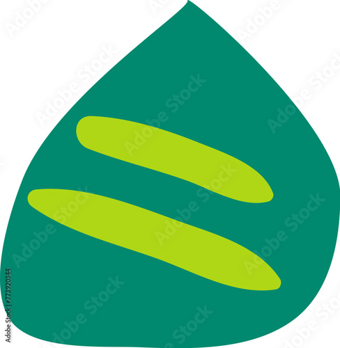 Green young leaf drawn by child. Bright childish careless illustration for design of festive spring banner. Flat hand drawn vector element isolated on white background