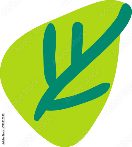 Green young leaf drawn by child. Bright childish careless illustration for design of festive spring banner. Flat hand drawn vector element isolated on white background